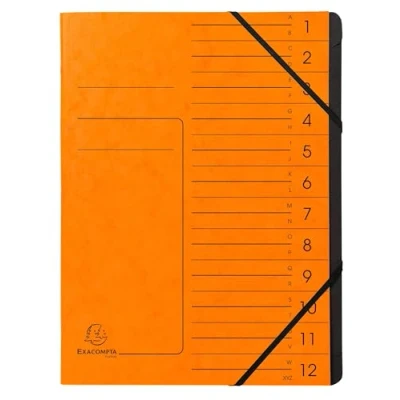 Abbildung von Exacompta Ref. 541204E Karton mit 10 Ordnern Klammerrücken Gummibändern bedruckter Deckel aus Glanzkarton und schwarzer Innenseite recycelter Karte 12 Fächer 24,5 x 32 cm A4