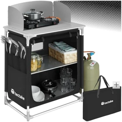 Abbildung von tectake® 800747 Campingküche, hitzebeständige Arbeitsplatte, Windschutz, Camping Zubehör Küchenschrank, Campingschrank für Wohnwagen, Auto Camping, Vorzelt Wohnmobil, Outdoorküche schwarz