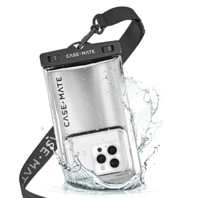 Abbildung von Case Mate IP68 wasserdichte Handytasche, Reise Strand Kreuzfahrtschiff Essentials, schwimmende, Handyhülle mit Umhängeband für iPhone 16 Pro Max/15 Max/14 Pro/13/12/S24, Silber Chrom