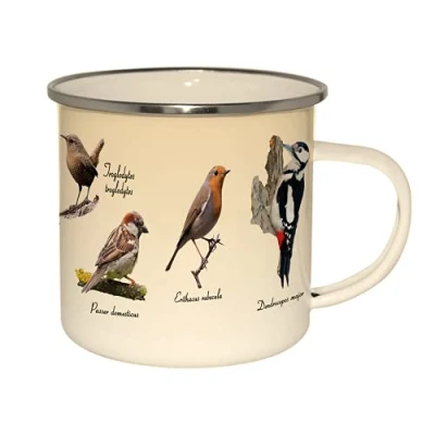 Abbildung von linoows Emaille Tasse heimische Vögel, Kaffeepott, XXL Henkelbecher, Kaffeetasse