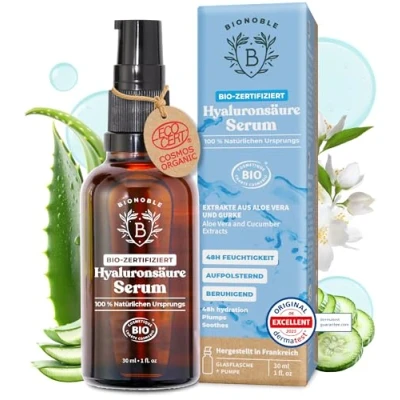 Abbildung von BIONOBLE Hyaluron Serum hochdosiert BIO zertifiziert Anti Aging &amp; Falten 100% natürlichen Ursprungs mit Aloe Vera Glasflasche Pumpe Hyaluronic Acid Gesicht 30 ml
