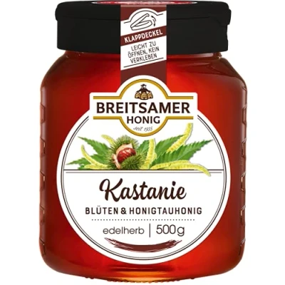 Abbildung von Breitsamer Honig Kastanie edel 500g Flüssiger Kastanienhonig, herb würzig im Geschmack mit praktischem Klappdeckel (1 x 500g)