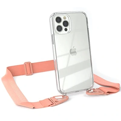 Abbildung von EAZY CASE Hülle mit Band kompatibel iPhone 12/12 Pro Handyhülle Umhängeband für Silikonhülle Transparent Schutzhülle Handykette zum Umhängen Handykordel in Rosa Coral