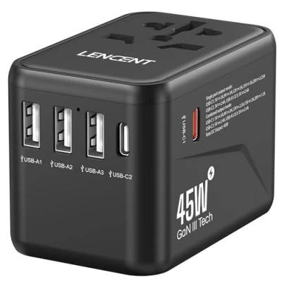 Abbildung von LENCENT Universal Reiseadapter, GaN III 45W Internationales Ladegerät mit 3 USB &amp; 2 C PD Schnellladung Anschlüssen, Weltweiter Ladeadapter für Typ A/C/G/I, USA/UK/EU/AUS Steckdosen, Weiß