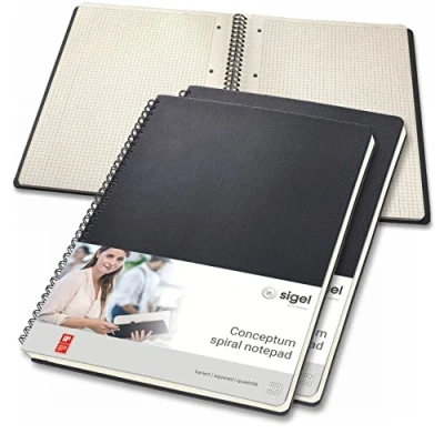 Abbildung von SIGEL CO820/3 Premium Spiralblock A4, kariert, schwarz, 80 Blatt, sehr stabiler Hardcover Einband, 3er Pack, Einsteckfach, aus nachhaltigem Papier, Conceptum