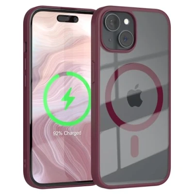 Abbildung von EAZY CASE Crystal TPU Hülle kompatibel mit iPhone 15 Qi Charging, Silikon Kameraschutz, Slimcover, Handyhülle, Silikonhülle, Backcover, Durchsichtig, Transparent/Beere