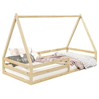 Abbildung von IDIMEX Hausbett SILA aus massiver Kiefer, schönes Montessori Bett in 90 x 190 cm, stabiles Kinderbett mit Rausfallschutz und Dach naturfarben