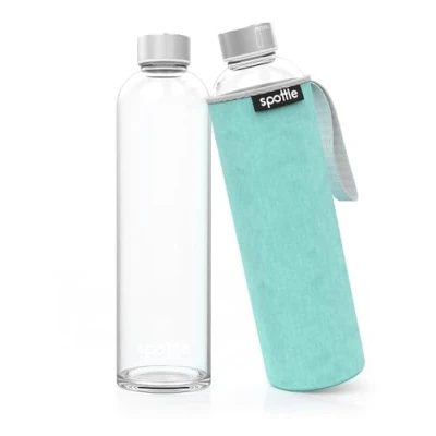 Abbildung von spottle Trinkflasche aus Glas 1l Glasflasche 500ml 750ml 1 Liter mit Neoprenhülle Schutzhülle Glastrinkflasche Schraubverschluss (Weicher Samt/Velour in Türkis, 1000 ml)