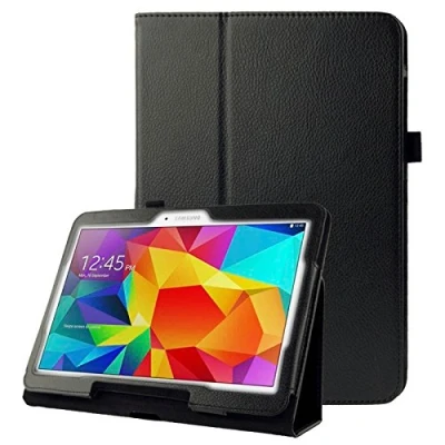 Abbildung von subtel® Flip Cover Tablethülle für Samsung Galaxy Tab 4 10.1 (SM T530 / SM T531 T533 T535) Tablet Schutzhülle mit Ständer, Kunstleder schwarz Case Bumper Klapphülle faltbar Tasche Hülle