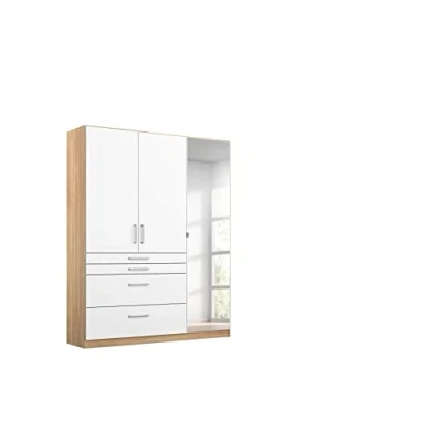 Abbildung von Rauch Möbel Harburg Schrank Kleiderschrank Drehtürenschrank Weiß/Eiche Sonoma 3 türig mit Spiegel und 4 Schubladen inklusive Zubehörpaket Basic Einlegeböden, 1 Kleiderstange BxHxT 136x197x54 cm
