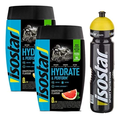 Abbildung von Isostar Hydrate &amp; Perform Grapefruit 2x400g Pulver 2er Angebotspack + Original 1000ml Trinkflasche
