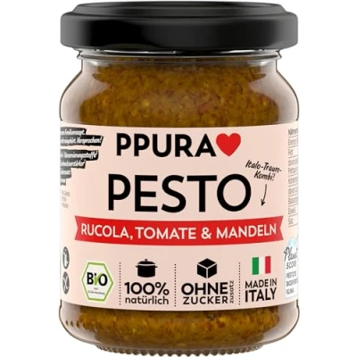 Abbildung von PPURA Bio Pesto Rucola, Tomate &amp; Mandeln Vegane Pasta Sauce mit Ruccola, Tomten, Nat. Olivenöl Extra Nudel Soße Made in Italy 100% Natürlich Ohne Zusatzstoffe 120g Glas