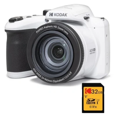 Abbildung von KODAK Pixpro Astro Zoom AZ405 Digital Bridge + SDHC Karte Ultra High Speed U1 32 GB Kamera 20 Megapixel, X40 Zoom, Weitwinkel, LCD, Full HD Video 1080p, OIS, AA Batterie Weiß