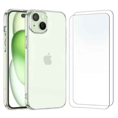 Abbildung von NEW&#039;C Hülle für iPhone 15 (6,1&quot;) Ultra Transparent Silikon Weiches TPU Gel und 2 x Panzer Schutz Glas