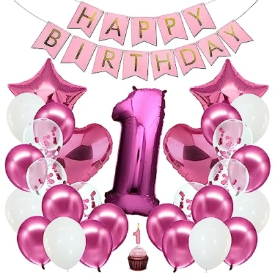 Abbildung von envami® Happy Birthday Deko für Mädchen 1. Geburtstag Girlande mit Folienballon