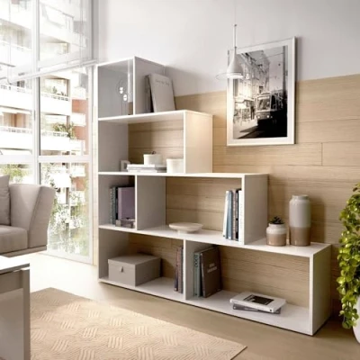 Abbildung von Dmora Buchhandlung Vancouver, Doppelseitiges Bücherregal mit 6 Einlegeböden, Trennregal Bürofächern, cm 145x29h145, Glänzend weiß