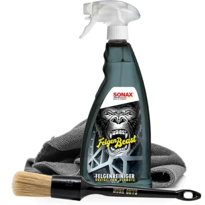 Abbildung von detailmate Felgen Reiniger Set SONAX FelgenBeast Felgenreiniger 1L + Nuke Guys Reinigungs Pinsel Allrounder Mikrofasertuch 40x40cm, 380 GSM Schutzhandschuhe