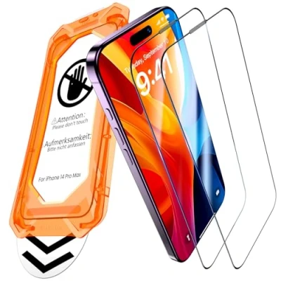 Abbildung von UniqueMe für iPhone 14 Pro Max Panzerglas [Full Screen Displayschutz] Schutzfolie Schutzglas,Auto Installation,2 Stück