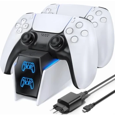 Abbildung von PS5 Controller Ladestation, Ladestation 2 Std Schnelllade mit EU Netzteil für Playstation 5 Zubehörsets Wireless Controller, Weiß