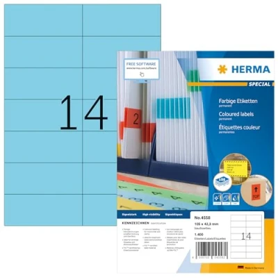 Abbildung von HERMA 4558 Farbige Etiketten blau, 100 Blatt, 105 x 42,3 mm, 14 pro A4 Bogen, 1400 Stück, selbstklebend, bedruckbar, matt, blanko Papier Farbetiketten Aufkleber