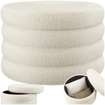 Abbildung von tectake® Hocker mit Stauraum, XL Scandi Sitzhocker Bouclé Teddy Stoff, Pouf, Polsterhocker rund für Schminktisch, Schlafzimmer, Wohnzimmer Möbel, als Flur Stauhocker Wohnen Creme weiß