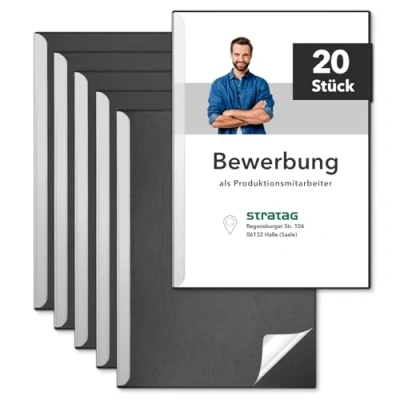 Abbildung von STRATAG Klemmschienen Bewerbungsset Start Basic (Schwarz, 20 Stück) mit transparentem Deckel aus Kunststoff sowie Binderücken robustem 290 g/m² Karton Lederstruktur (20 Bewerbungsmappen Schwarz)