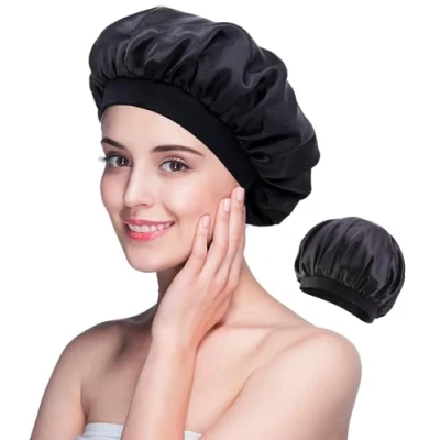 Abbildung von iJiGui Satin haarhaube, Nacht Schlafmütze, Seidenhaube zum Schlafen Weiche Haube, Schlafhaube Haare Schützen Elastisch Wiederverwendbare Bonnet Sleep Cap (Schwarz)