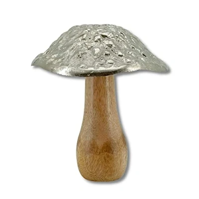 Abbildung von Mango Holz und Metall Figur Pilz braun Silber 12 x 15cm Dekofigur Wald Deko Tisch Dekoration