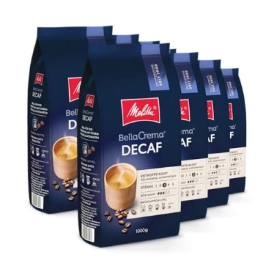 Abbildung von Melitta BellaCrema Decaf Ganze Kaffee Bohnen entkoffeiniert 8 x 1kg, ungemahlen, Kaffeebohnen für Vollautomat, koffeinfrei, milde Röstung, geröstet in Deutschland, Stärke 3