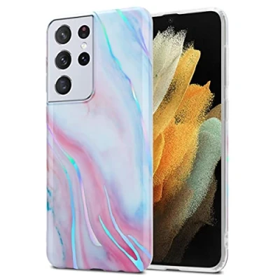 Abbildung von Cadorabo Hülle kompatibel mit Samsung Galaxy S21 Ultra Schutzhülle TPU Silikon Case Marmor Design Slim Kratzfest Weiche Gummi Rundumschutz für in Weiß