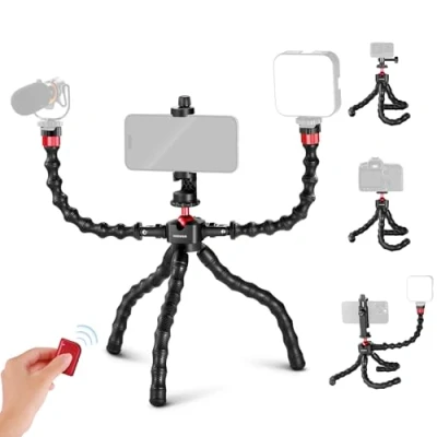 Abbildung von NEEWER T91 Stativ Flexibel mit 2 Magic Arm Reise Mini Handystativ für Vlogging Auslöser/Telefonklemme/Actioncam Halterung kompatibel GoPro Hero 13 12 iPhone 16 15 14 Pro max Sony a7c, Last 2kg
