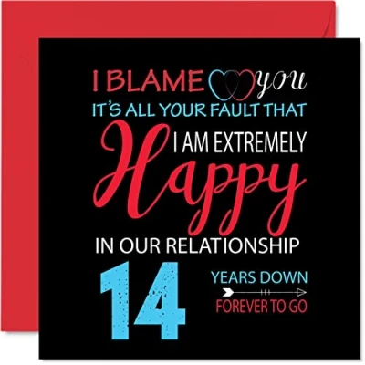 Abbildung von Stuff4 Lustige Karte zum 13. Jahrestag für Ehemann, Frau Your Fault I&#039;m Extremely Happy 14th Wedding Anniversary Card for Partner, 145 mm x Grußkarten vierzehnte Jahrestage