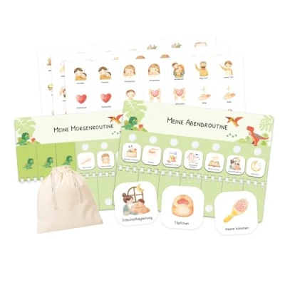 Abbildung von Routine Planer Kinder für Morgenroutine und Abendroutine Tagesplan mit Klett Punkten 105 Symbolkärtchen, Montessori Planer, Routinehilfe zum Umklappen (Dino)