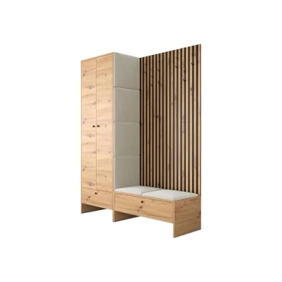 Abbildung von Mirjan24 Garderoben Set Melire III, Kleiderschrank Schuhschrank Lamellen Paneel mit Kleiderhaken Gepolstertes Paneel/Wandpaneel Kleiderstange Wandgarderobe Flurgarderobe (Eiche Artisan, Manila 02)