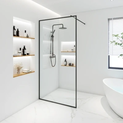 Abbildung von HOME DELUXE Duschwand Duschabtrennung BAKI Schwarzer Rahmen, Einscheibensicherheitsglas, 5 Bretter