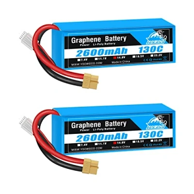 Abbildung von Yowoo 4S Lipo Akku 2600mAh 14.8V 130C Graphen Batterie mit XT60 Anschluss für RC Evader BX Auto LKW Truggy Flugzeug Hubschrauber Quadcopter UAV Drone FPV Rennfahrzeug Boot (2 Pack)