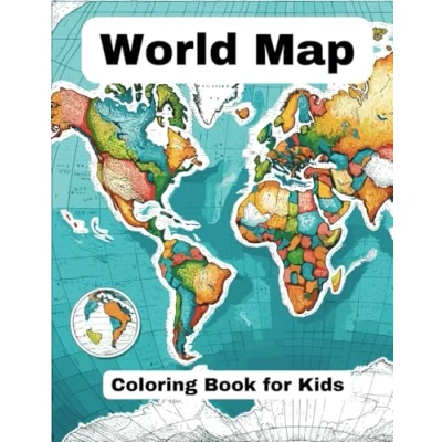 Abbildung von world map coloring Book for Kids: blank and outlined of the Continents, with borders countries&#039; names, 35 ... flags, population, language.