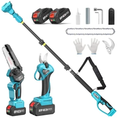 Abbildung von SEESII P6 Combo 6 Zoll Mini Kettensäge mit Teleskopstange &amp; 33 mm Elektro Gartenschere, 4 in 1 Gartenwerkzeug Set 2 x 4000mAh Batterien, Maximale Reichweite bis 4,57 m, 30 ml Öltank