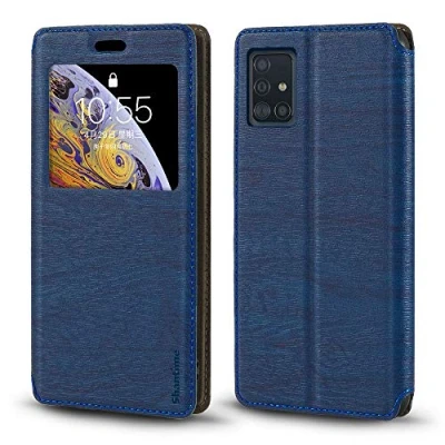 Abbildung von Schutzhülle für Samsung Galaxy A51, Holzmaserung, Leder, mit Kartenhalter und Fenster, Magnetverschluss, A51 (Blau)