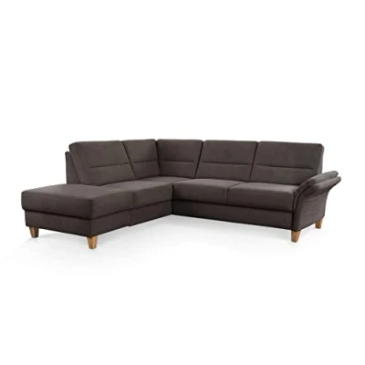 Abbildung von CAVADORE Ecksofa Wyk mit Federkern / Eckcouch im Landhaus Stil Ottomane und Holzfüßen 238 x 90 213 Jacquard, Braun