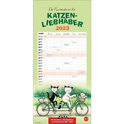Abbildung von Jacob Familienplaner 2023. Terminkalender für Katzenliebhaber. Praktischer Familienkalender mit 5 Spalten. Liebevoll illustrierter Wandplaner Familien