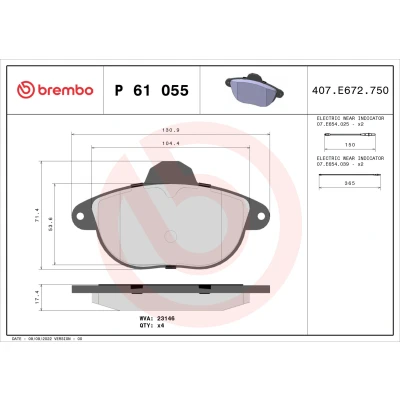 Abbildung von BREMBO P 61 055 Bremsbelagsatz inkl. Verschleißwarnkontakt ohne Zubehör CITROËN: Xantia Kombi, Schrägheck