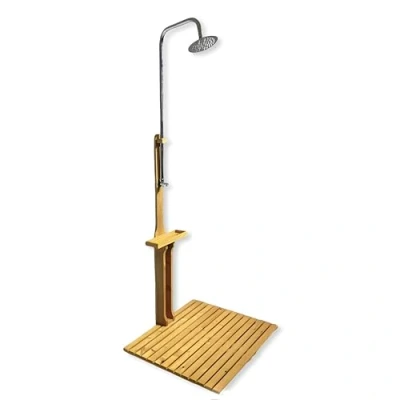 Abbildung von BURI Gartendusche aus geöltem Kiefernholz mit verzinktem Eisen 75x75x221cm Dusche Garten Außendusche Bodenplatte outdoor Holz Holzdusche