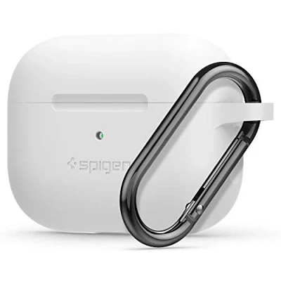 Abbildung von Spigen Silicone Fit Hülle kompatibel mit AirPods Pro Case 2019, Schutzhülle für Ladecase Karabiner [Front LED Sichtbar] Weiß