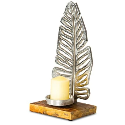 Abbildung von levandeo Kerzenständer H35cm Mango Holz Kerzenhalter Blatt Metall Silber Tischdekoration Kerzenleuchter Deko