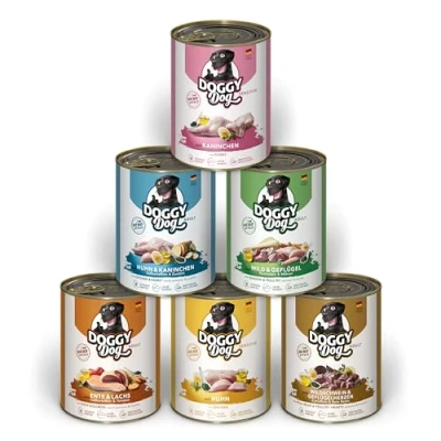 Abbildung von DOGGY Dog Paté Mix 2, 6 x 800 g, Nassfutter für Hunde im Probierpaket, getreidefreies Hundefutter mit Lachsöl und Grünlippmuschel, Alleinfuttermittel hohem Fleischanteil, Made in Germany