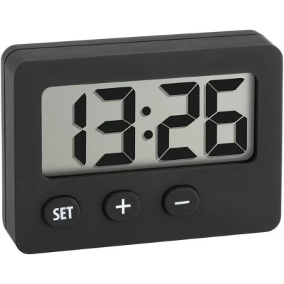 Abbildung von TFA Dostmann Mini Digitaluhr, 60.2013.01, Tischuhr, Quarzuhr, perfekt für KFZ (Wohnmobil oder Auto), Klausuren/Abschlussprüfungen, handlich, mit Magnet, selbstklebender Halter, Ständer, schwarz