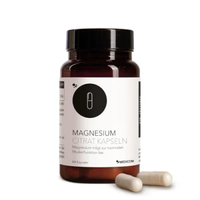 Abbildung von Medicom Magnesium Citrat Kapseln, 800 mg Magnesiumcitrat pro Kapsel, hohe Bioverfügbarkeit, Swiss made, vegan 60 Kapseln