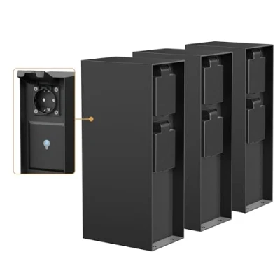 Abbildung von ledscom.de 3 Stück Garten Steckdosensäule POMI für außen, IP44, Smart Home, WLAN, Alexa, Fach, Edelstahl, schwarz, eckig, 23 cm