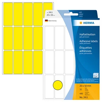 Abbildung von HERMA 2411 Vielzweck Etiketten, 480 Stück, 20 x 50 mm, 15 pro Bogen, selbstklebend, Haushaltsetiketten zum Beschriften, matt, blanko Papier Klebeetiketten Aufkleber, gelb